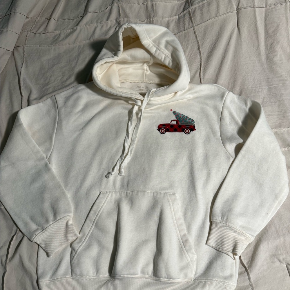 10 Items for $20: Zoe + Liv Cream Hooded Sweater with Red Truck Design